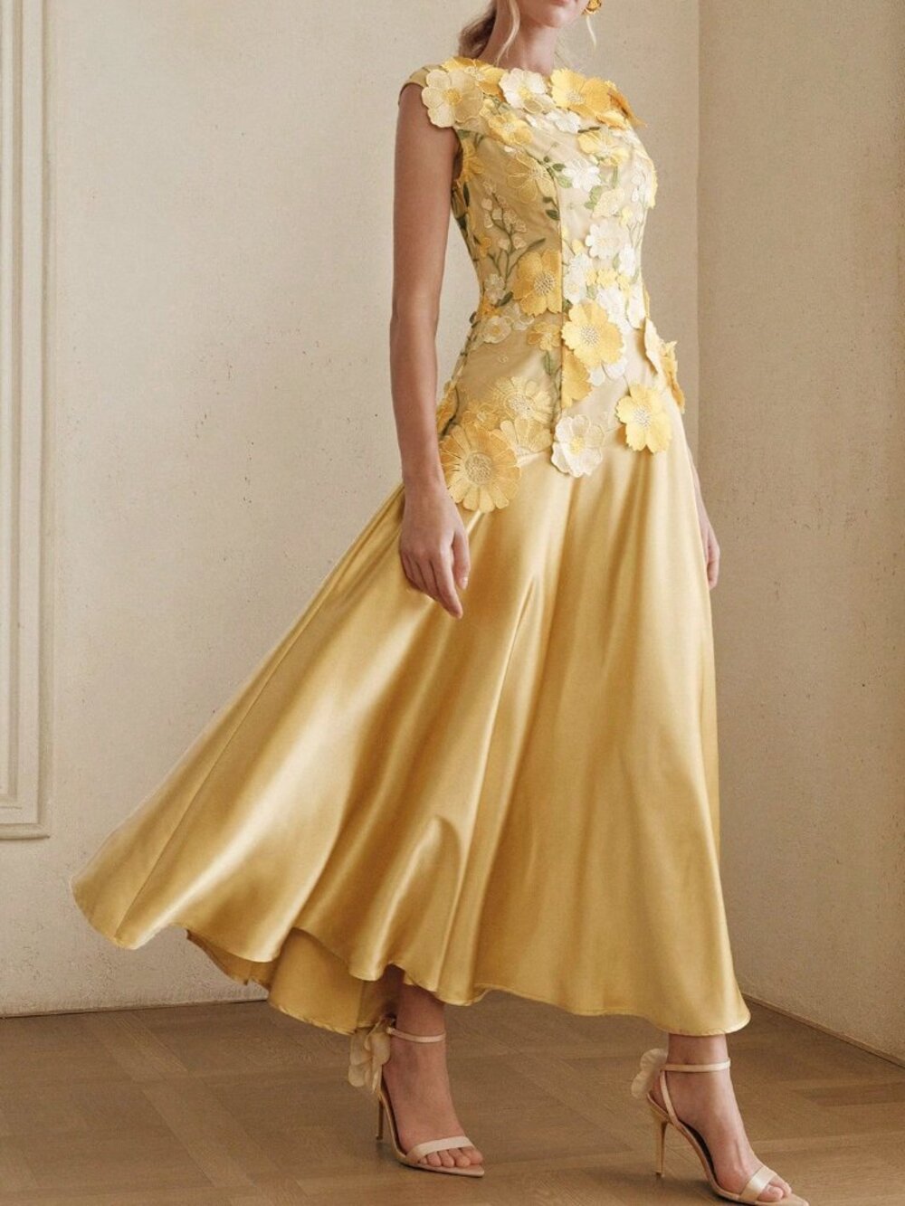Yellow Elegant Women's A-Line Dress With 3d Floral - Picture 4 of 7